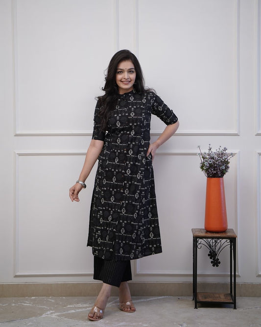 Black cotton printed kurti plazzo set