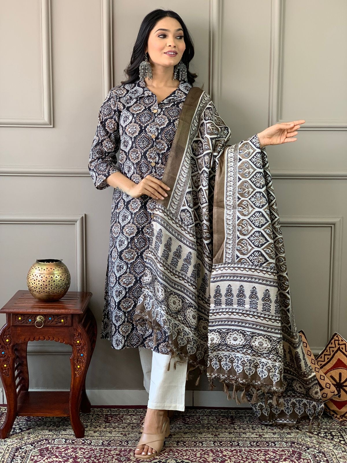 Ajrakh work Kurta with pant paired with art silk dupatta