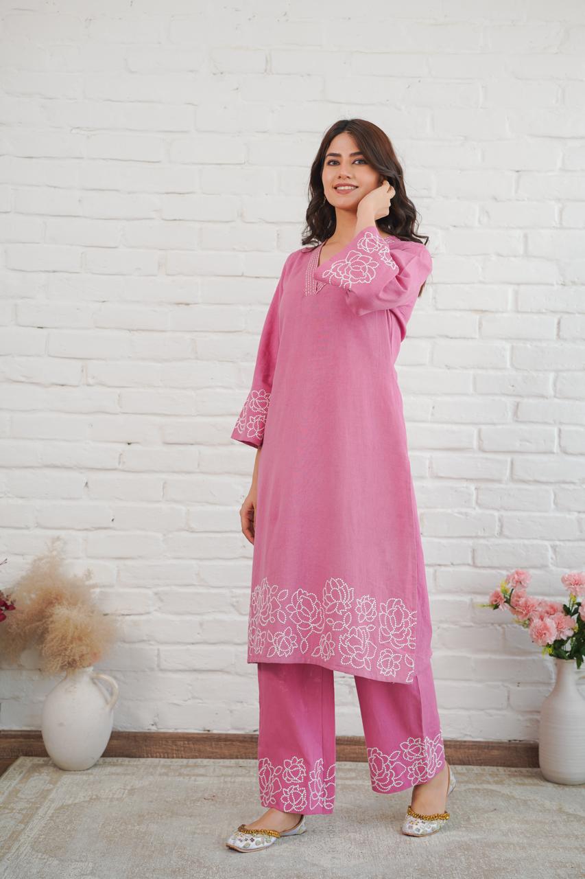 Pink Pure Cotton Women Kurta Pant Set