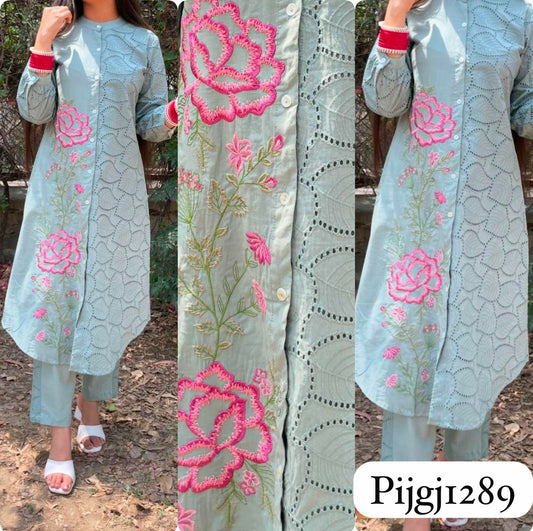 shiffichi cotton fabric Embroidery Kurta Pant With Dupatta Set