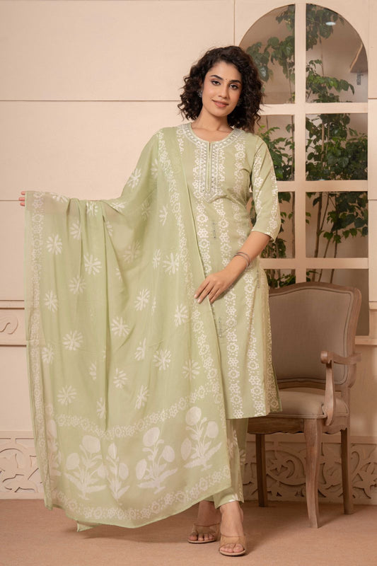 Women Olive green Cotton Blend Kurta Pant Dupatta Set