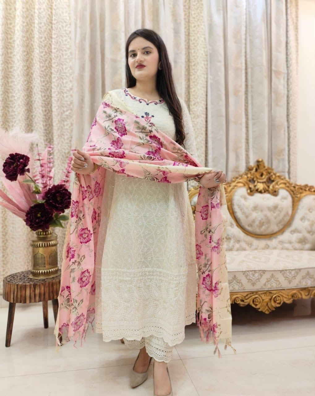 White Beautiful heavy embroidery chikankari suit set