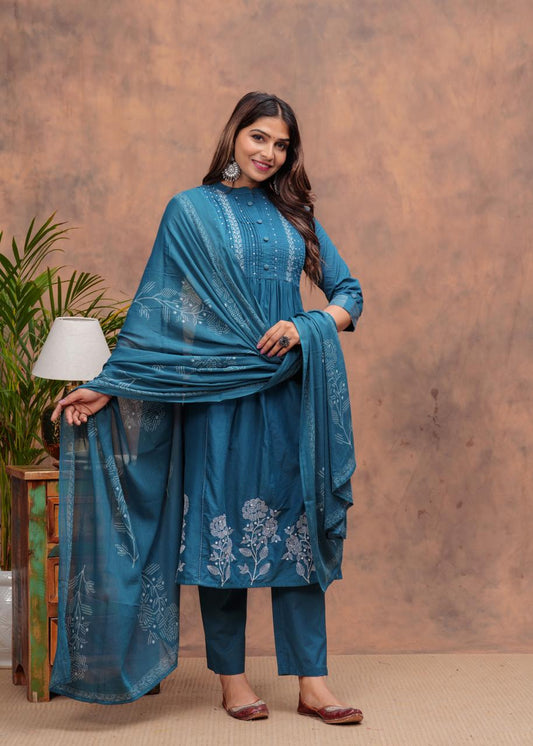 Women bLUE Printed Straight Kurta Suit Set