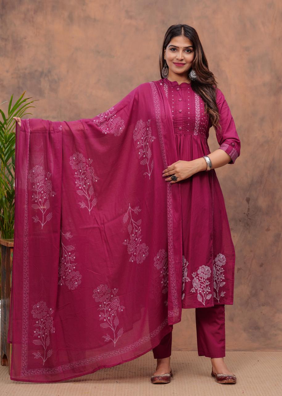 Women Maroon Printed Straight Kurta Suit Set