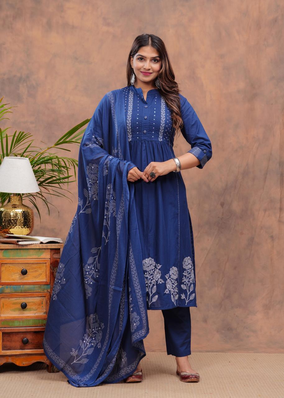 Women Blue Printed Straight Kurta Suit Set