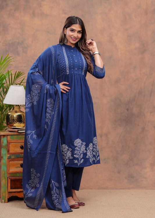 Women Blue Printed Straight Kurta Suit Set