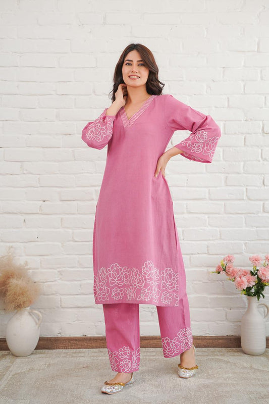 Pink Pure Cotton Women Kurta Pant Set