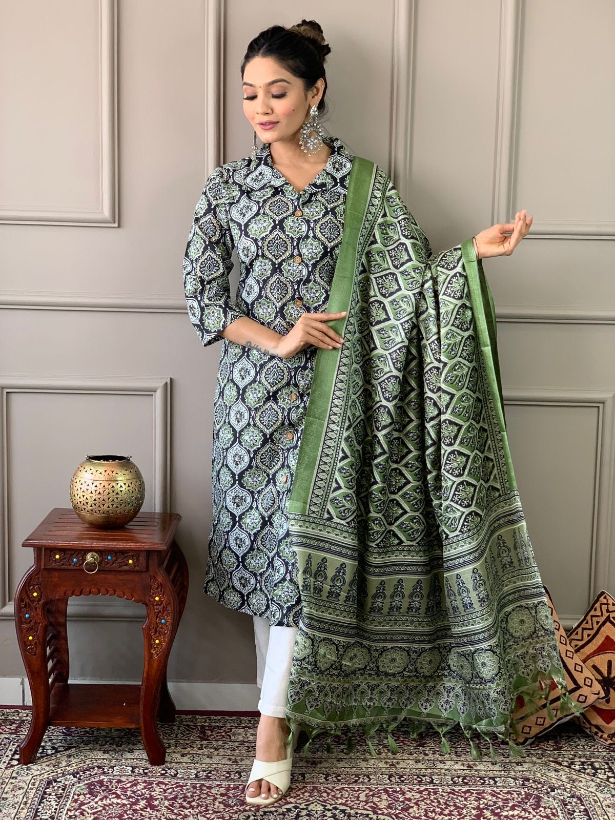 Ajrakh work Kurta with pant paired with art silk dupatta