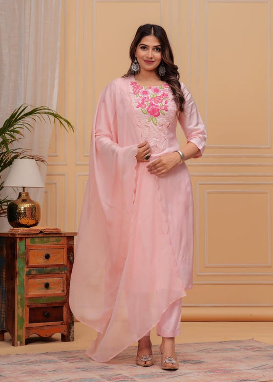 Women Peach Cotton Blend Kurta Pant Dupatta Set