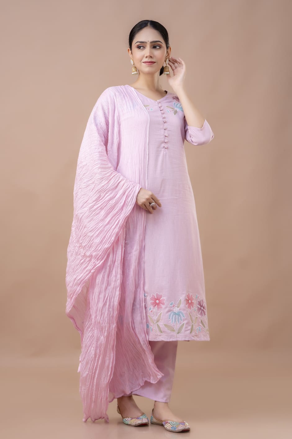 Women Peach Cotton Blend Kurta Pant Dupatta Set