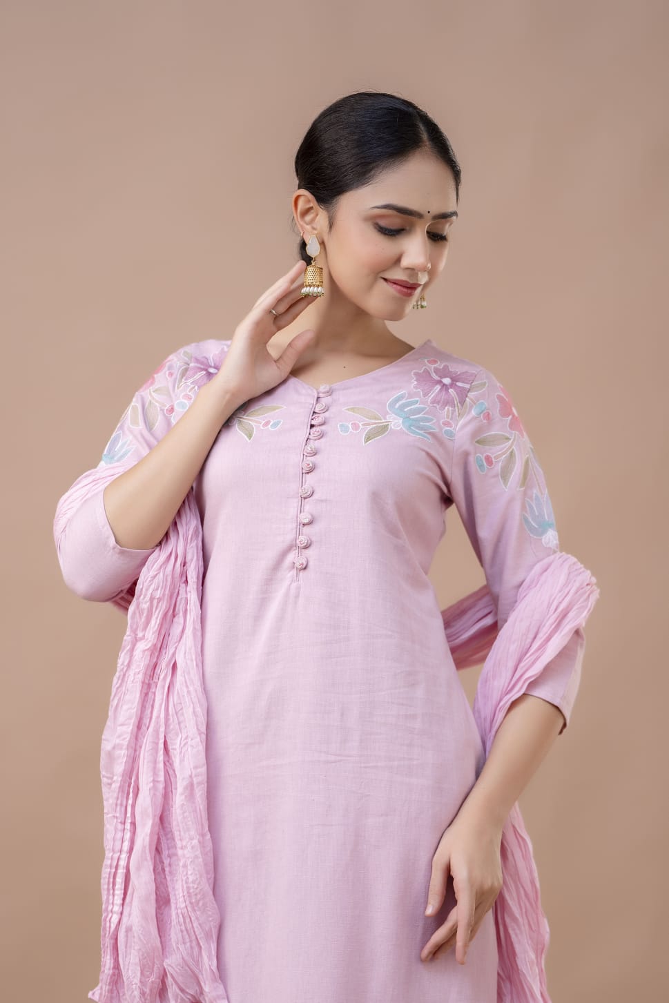 Women Peach Cotton Blend Kurta Pant Dupatta Set