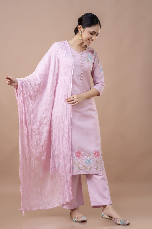 Women Peach Cotton Blend Kurta Pant Dupatta Set