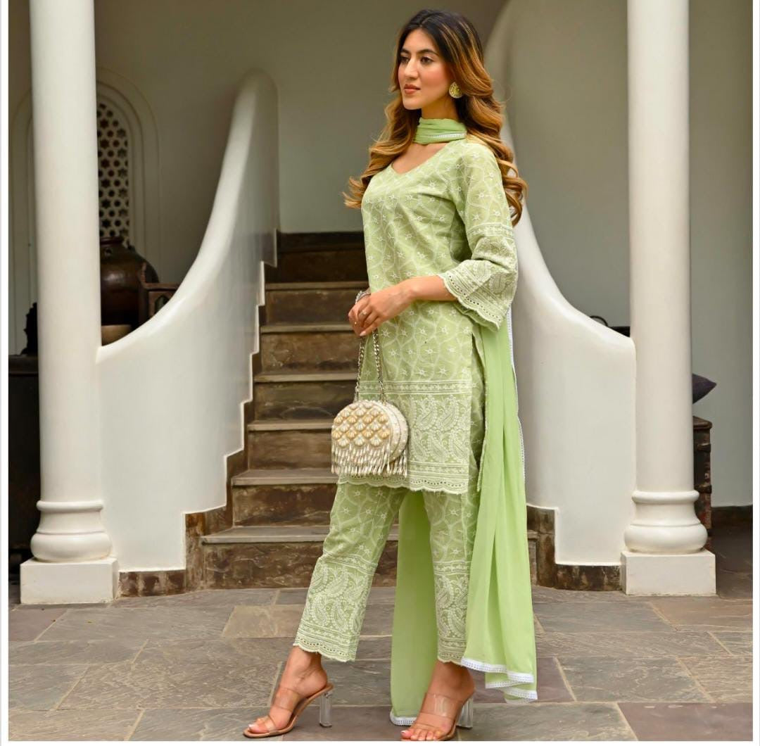 Green colour Chikankari embroidered Kurta set with dupptta