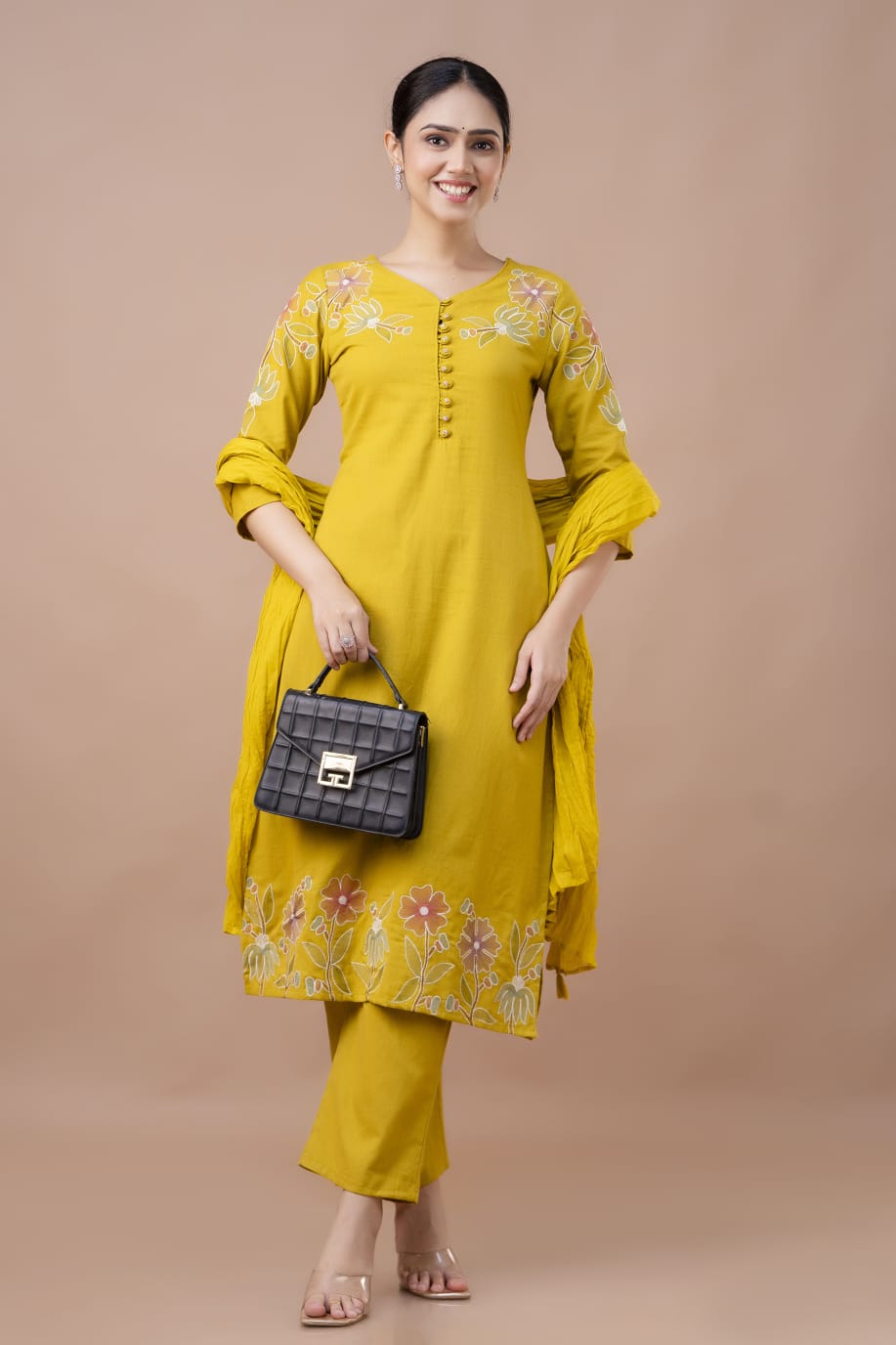 Women Yellow Cotton Blend Kurta Pant Dupatta Set