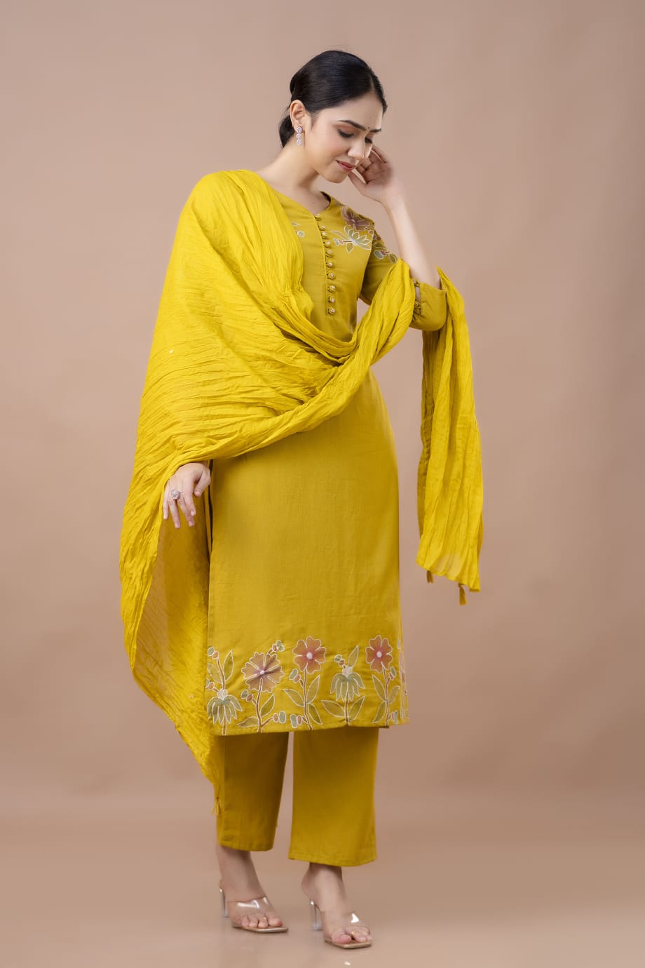 Women Yellow Cotton Blend Kurta Pant Dupatta Set