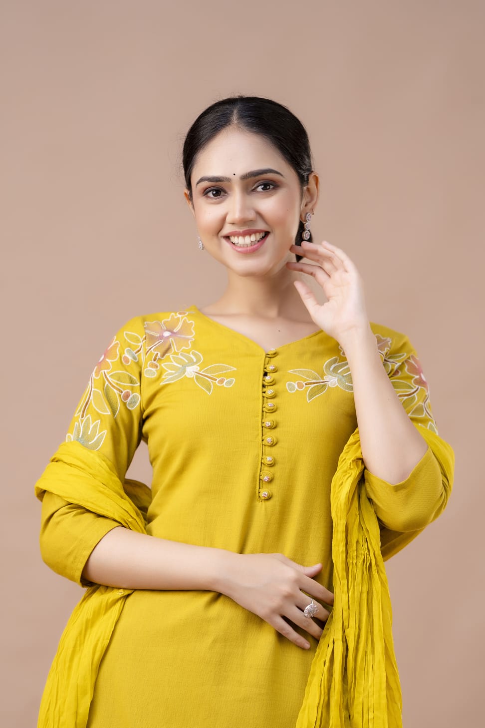 Women Yellow Cotton Blend Kurta Pant Dupatta Set