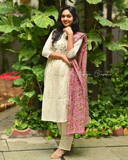 Stylish dobby cotton shifli work kurti pant dupatta set