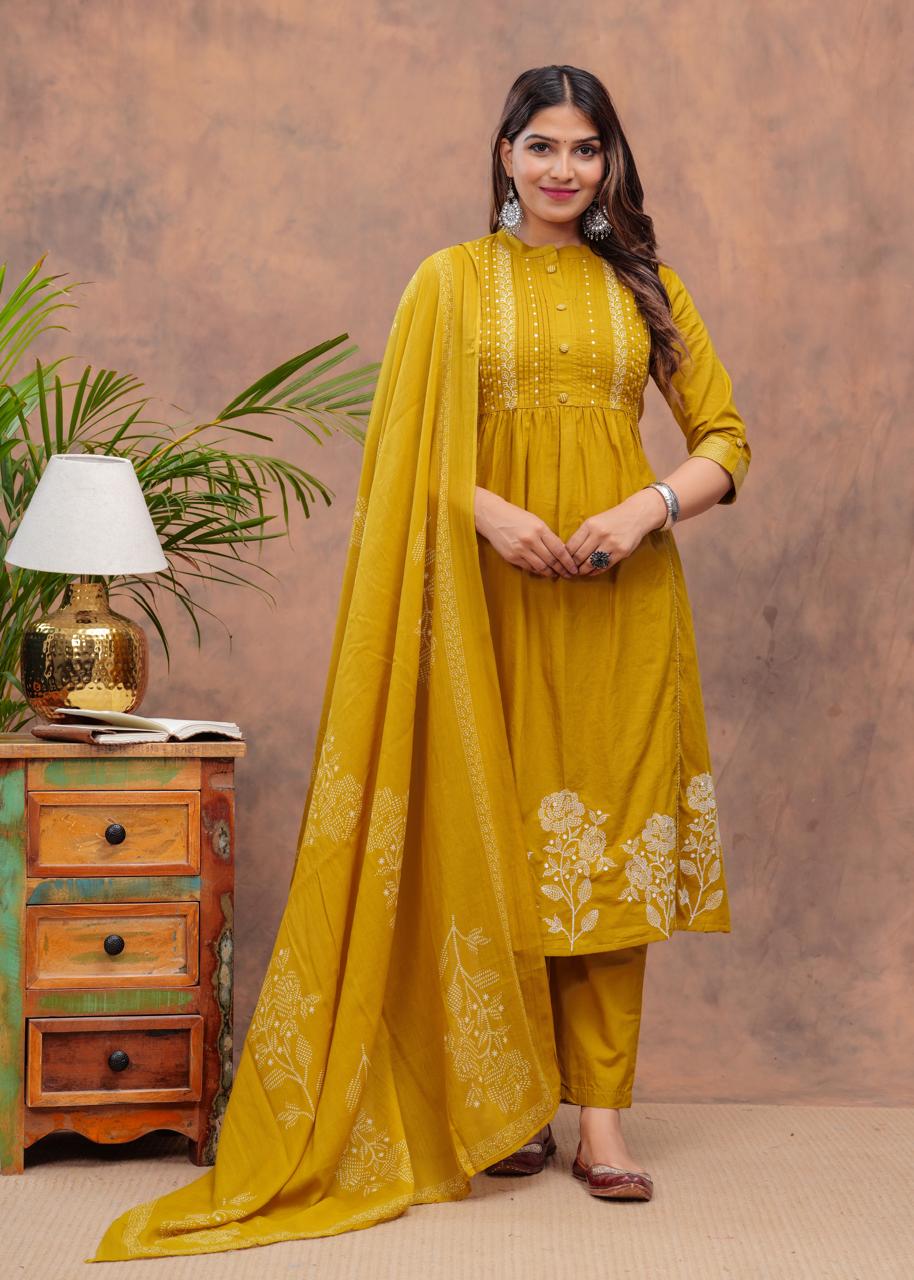 Women Yellow Cotton Blend Kurta Pant Dupatta Set