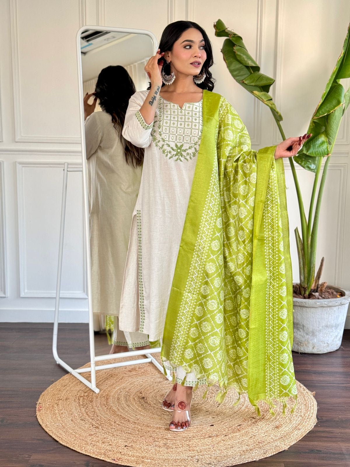 Beautiful embroidery work cotton kurta pant set paired with art silk dupatta