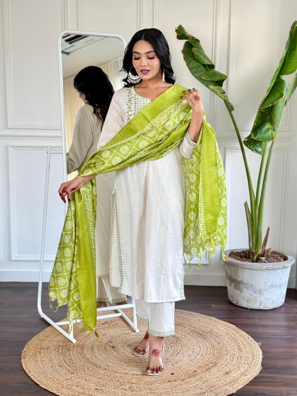 Beautiful embroidery work cotton kurta pant set paired with art silk dupatta