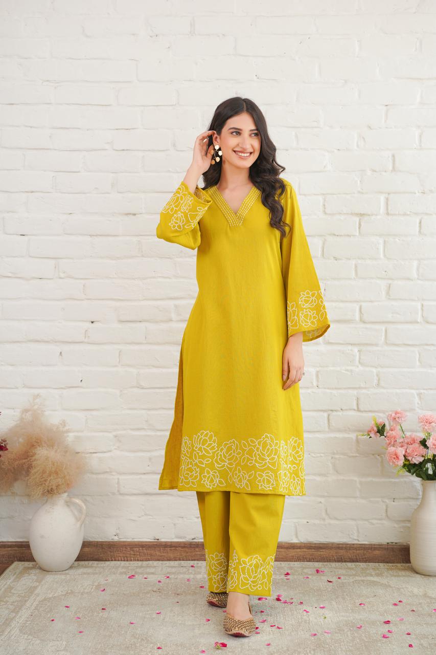 Yellow Pure Cotton Women Kurta Pant Set