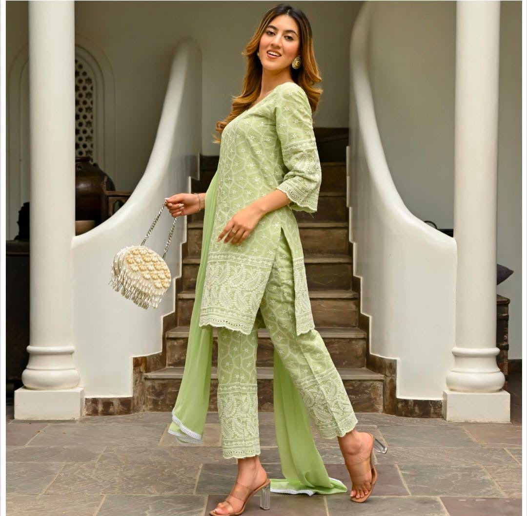 Green colour Chikankari embroidered Kurta set with dupptta