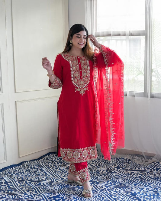 Premium red heavy work silk suit