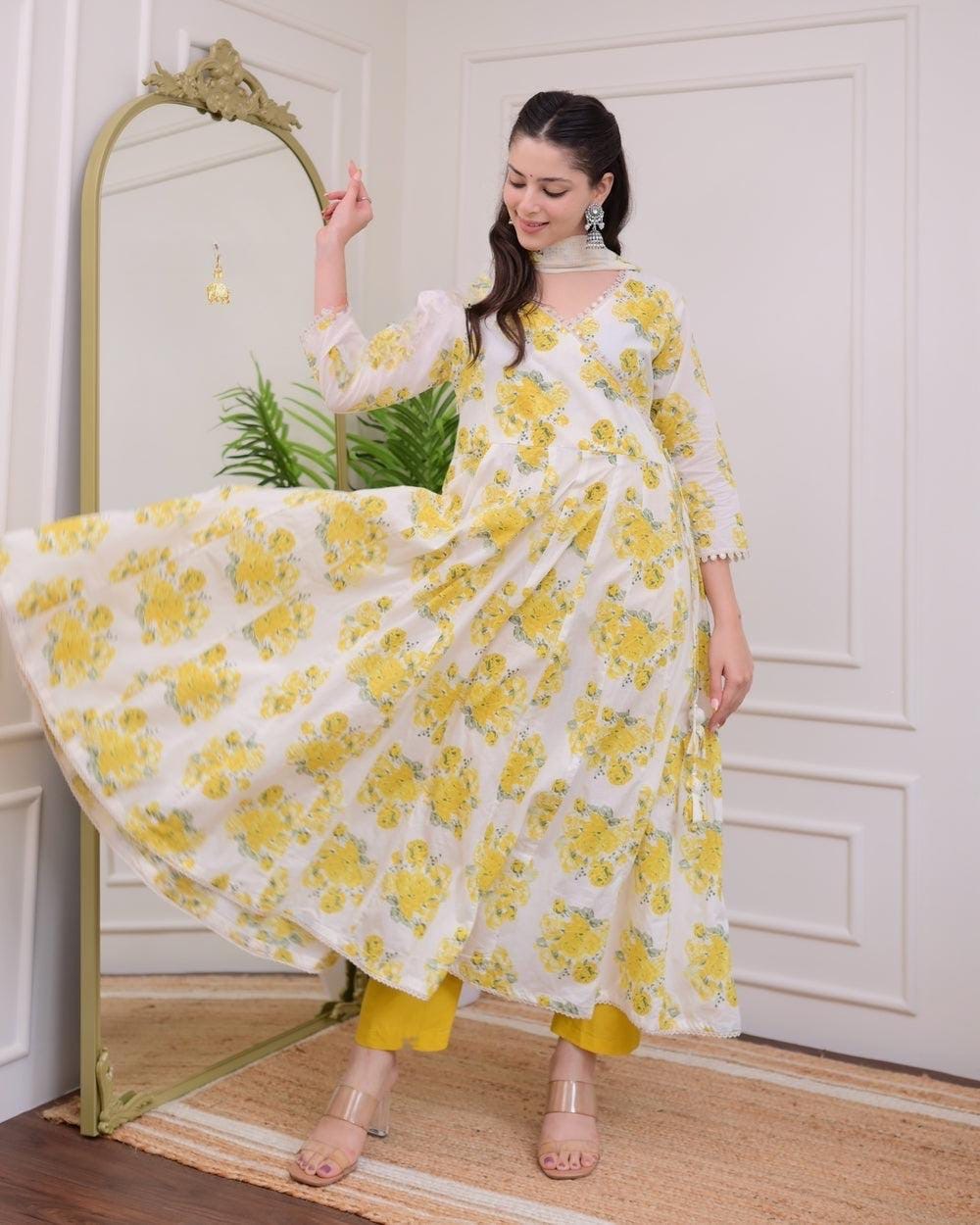 Angrakha style floral printed kurti pant dupatta set