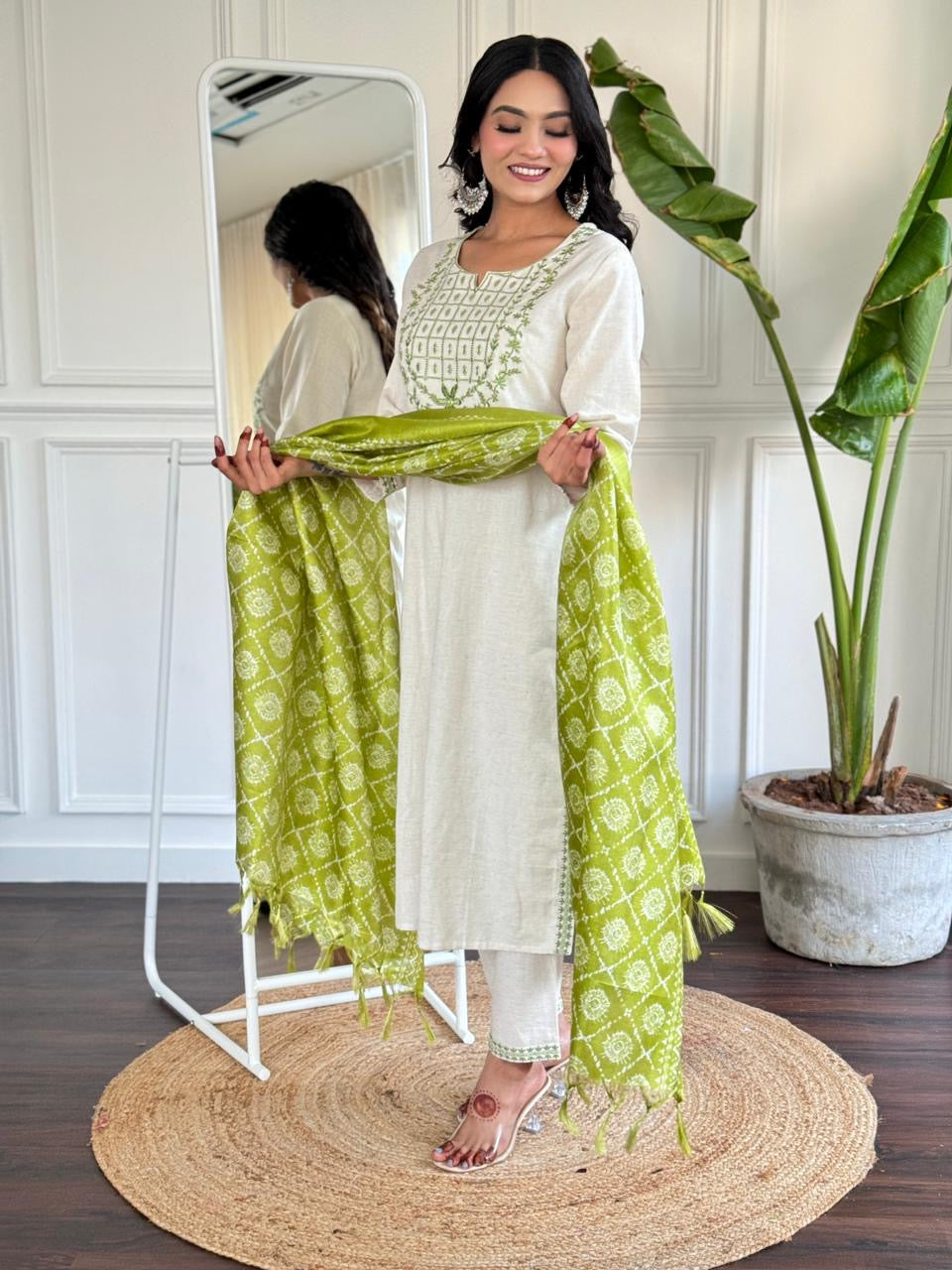 Beautiful embroidery work cotton kurta pant set paired with art silk dupatta