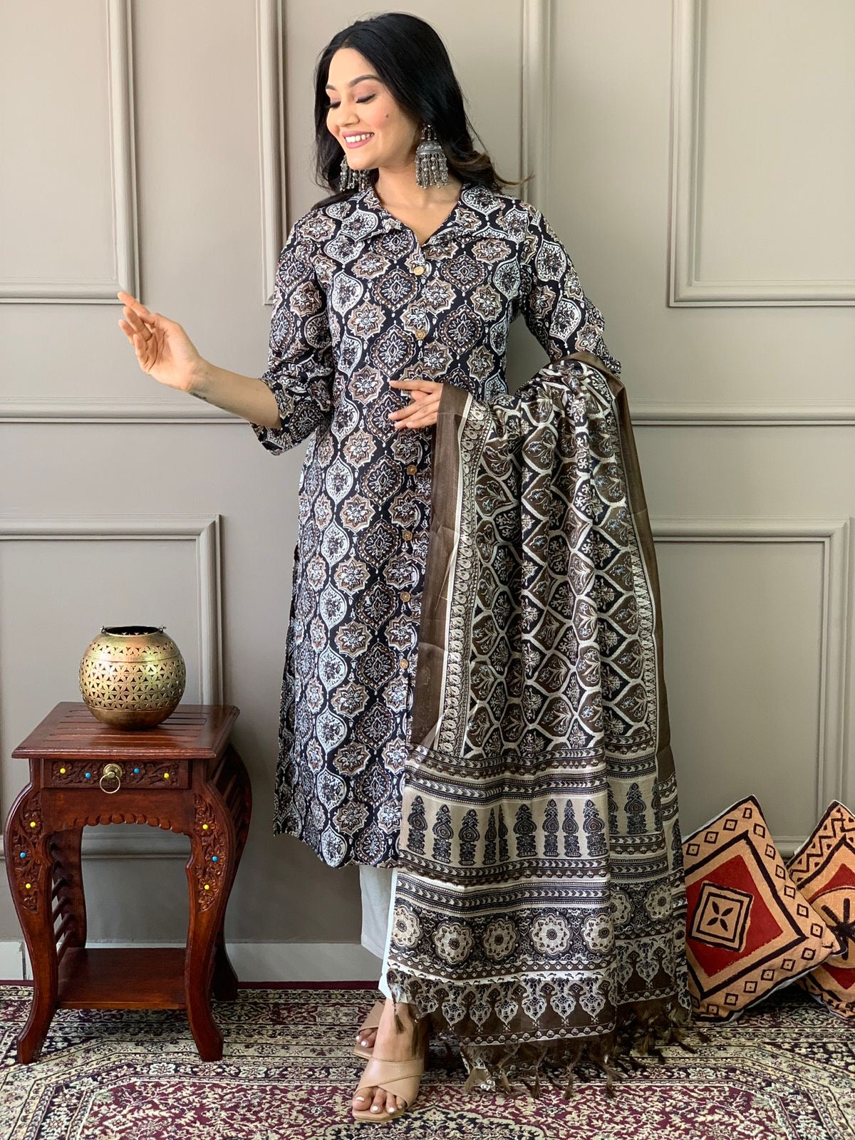 Ajrakh work Kurta with pant paired with art silk dupatta