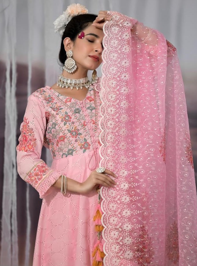 Pink Cotton Shifley Anarkali Set