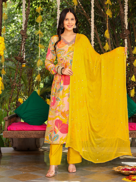 Yellow omen Embroidered PURE RUSSIAN SILK kurta set