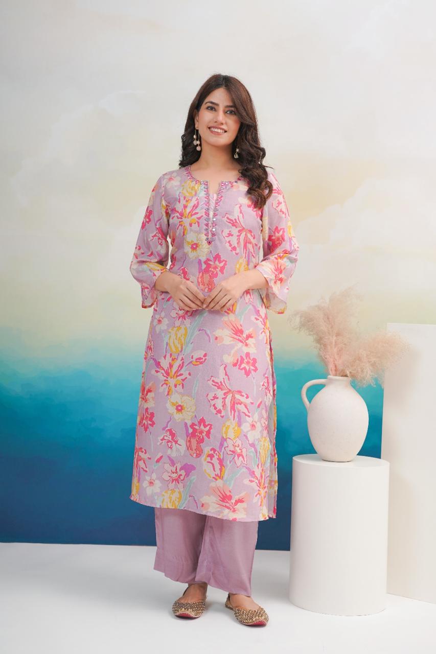 Pink Women Silk Blend Kurta Pant Set