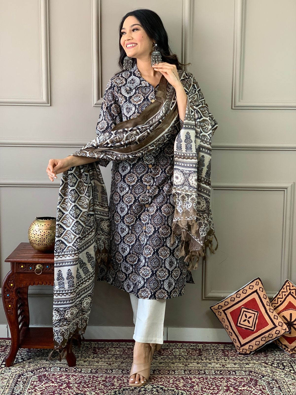 Ajrakh work Kurta with pant paired with art silk dupatta