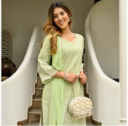 Green colour Chikankari embroidered Kurta set with dupptta