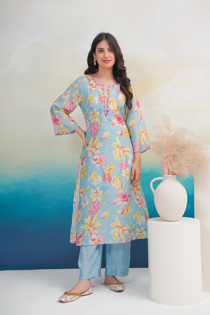 Sky Blue Women Silk Blend Kurta Pant Set