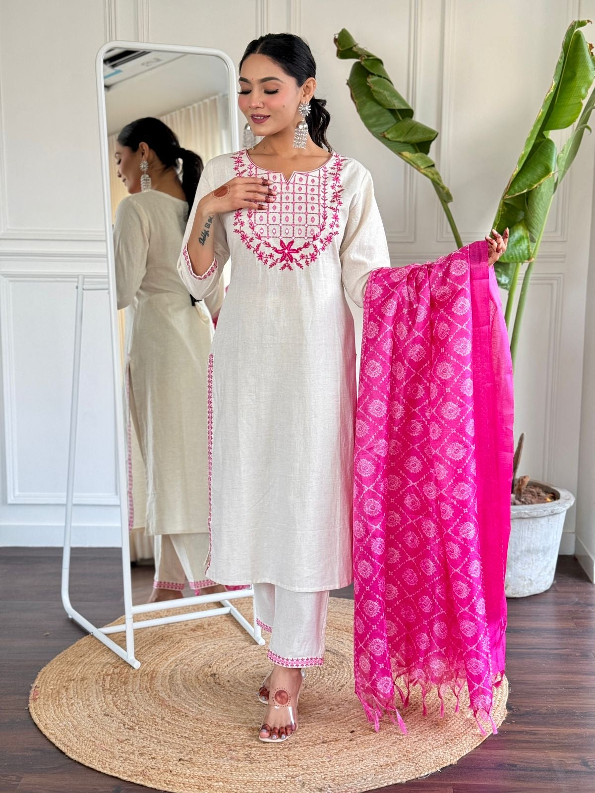 Beautiful embroidery work cotton kurta pant set paired with art silk dupatta