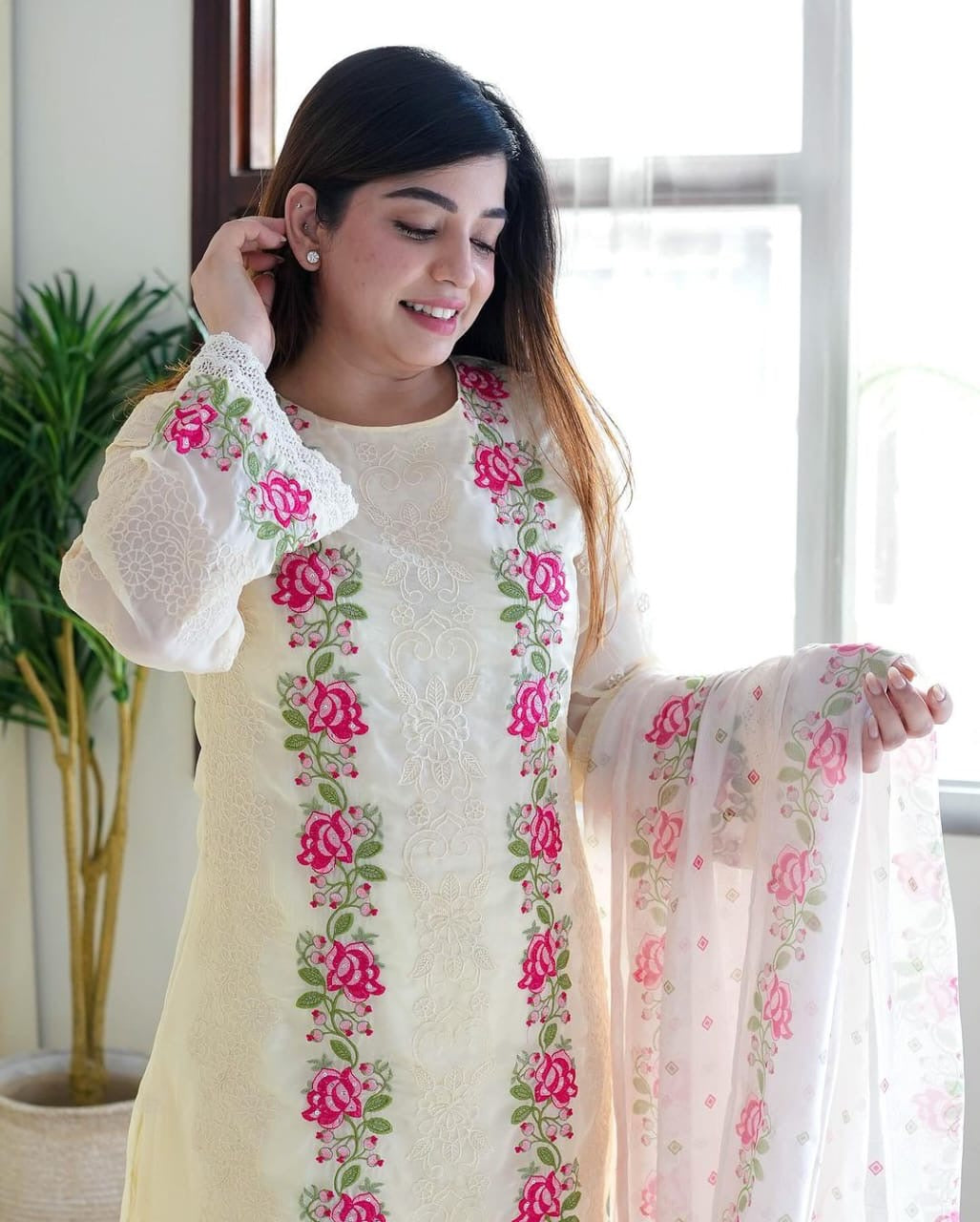 White pure cotton heavy embroidery with sequence work kurti pant and dupatta set