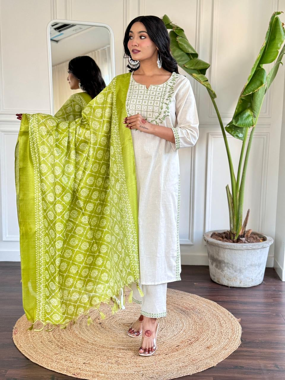 Beautiful embroidery work cotton kurta pant set paired with art silk dupatta