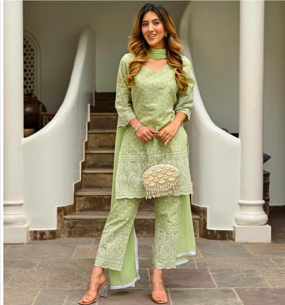 Green colour Chikankari embroidered Kurta set with dupptta