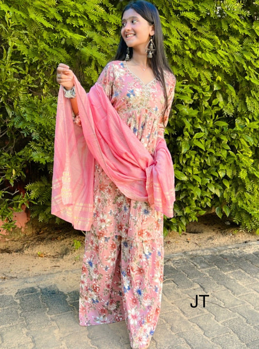 Floral Sharara with Handwork and Weaved Dupatta