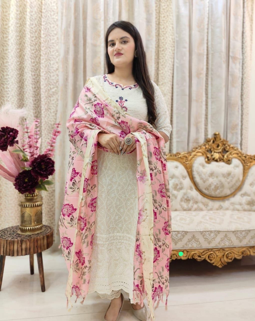 White Beautiful heavy embroidery chikankari suit set