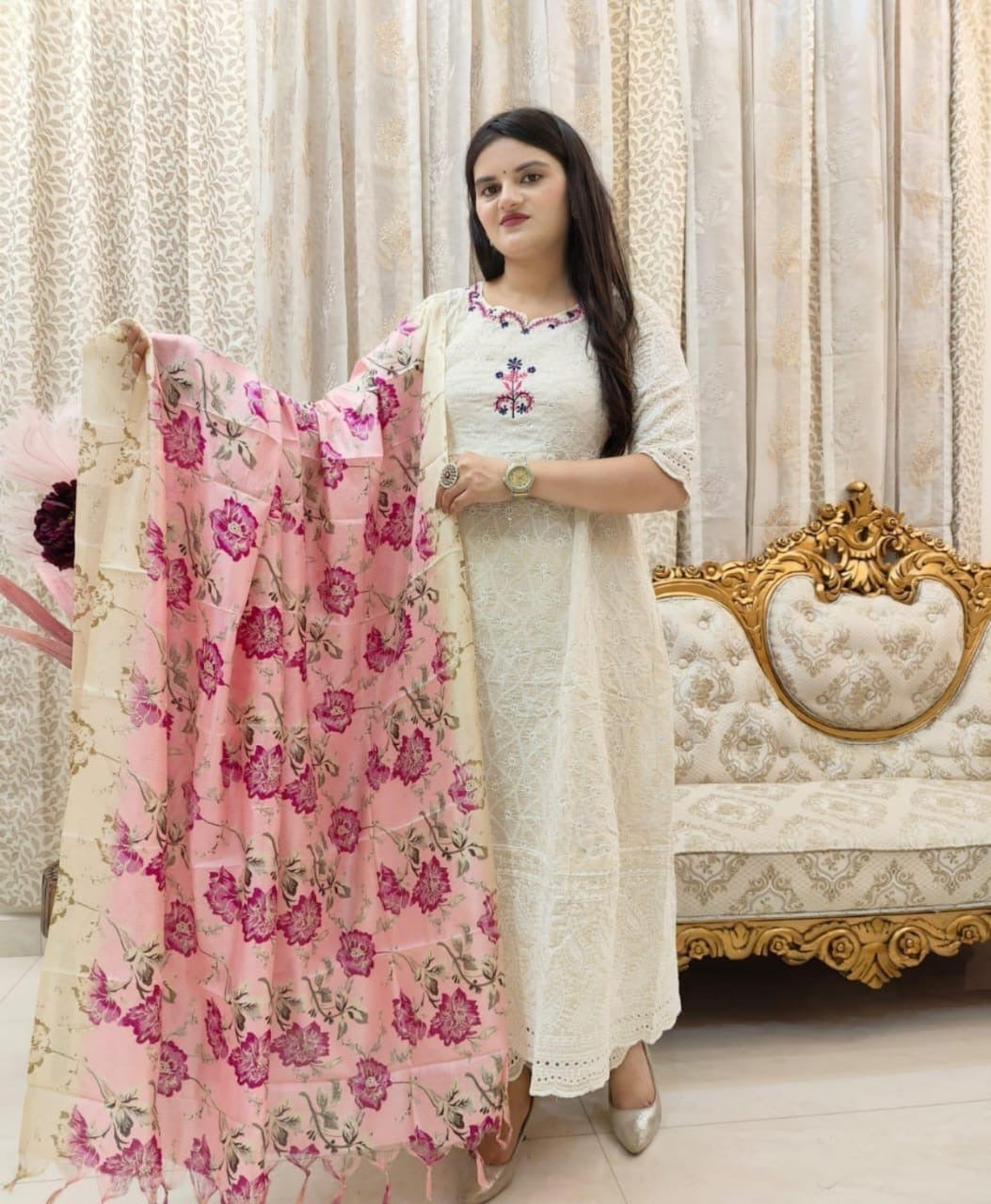 White Beautiful heavy embroidery chikankari suit set