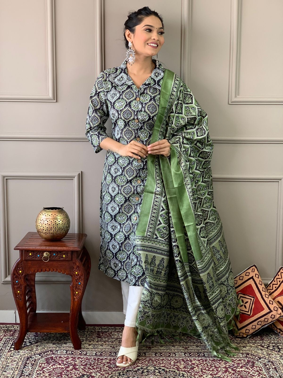 Ajrakh work Kurta with pant paired with art silk dupatta