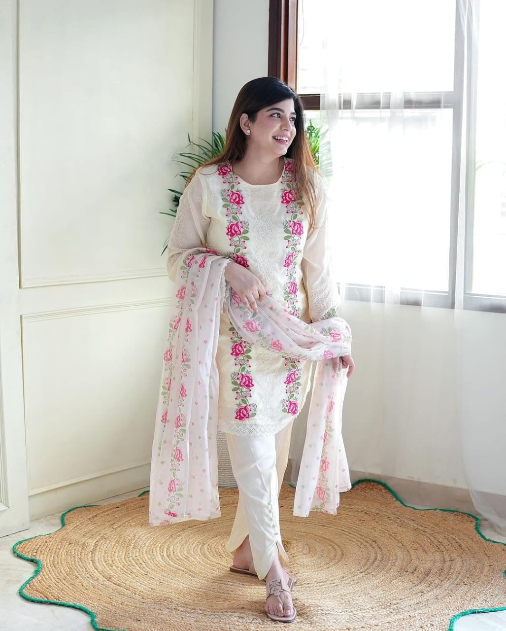 White pure cotton heavy embroidery with sequence work kurti pant and dupatta set