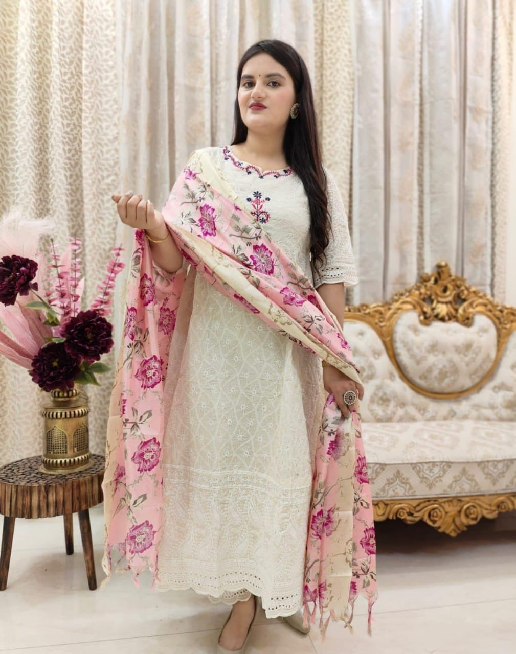 White Beautiful heavy embroidery chikankari suit set