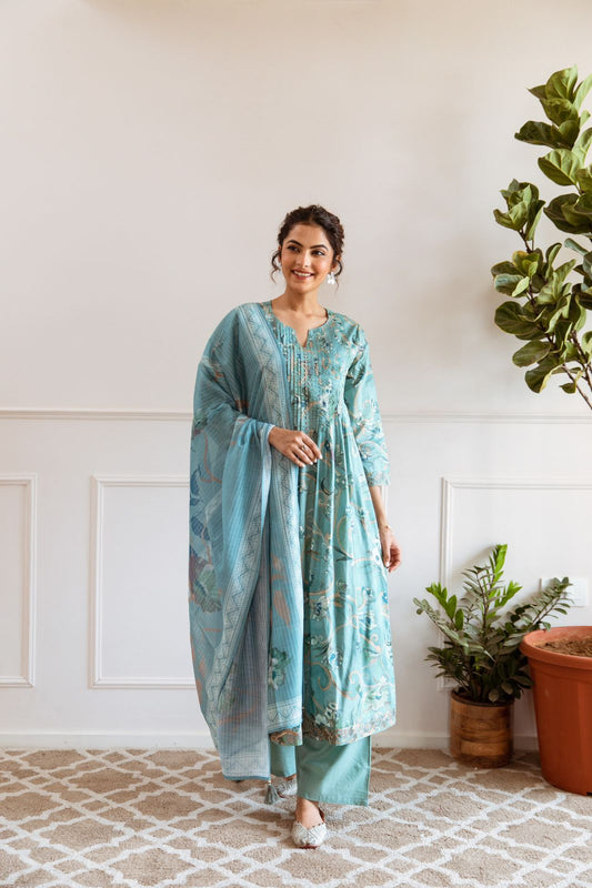 Ice Blue Beautiful Cotton 3 Pc Kurta Set