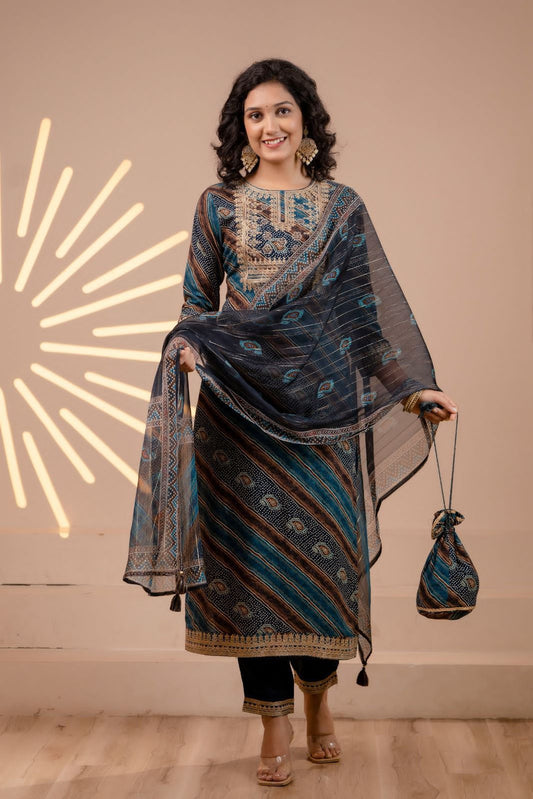 Peacock Blue German Rayon Straight Cut Kurta Sets With Thread Work On Yoke And Complimentory Potli Bag