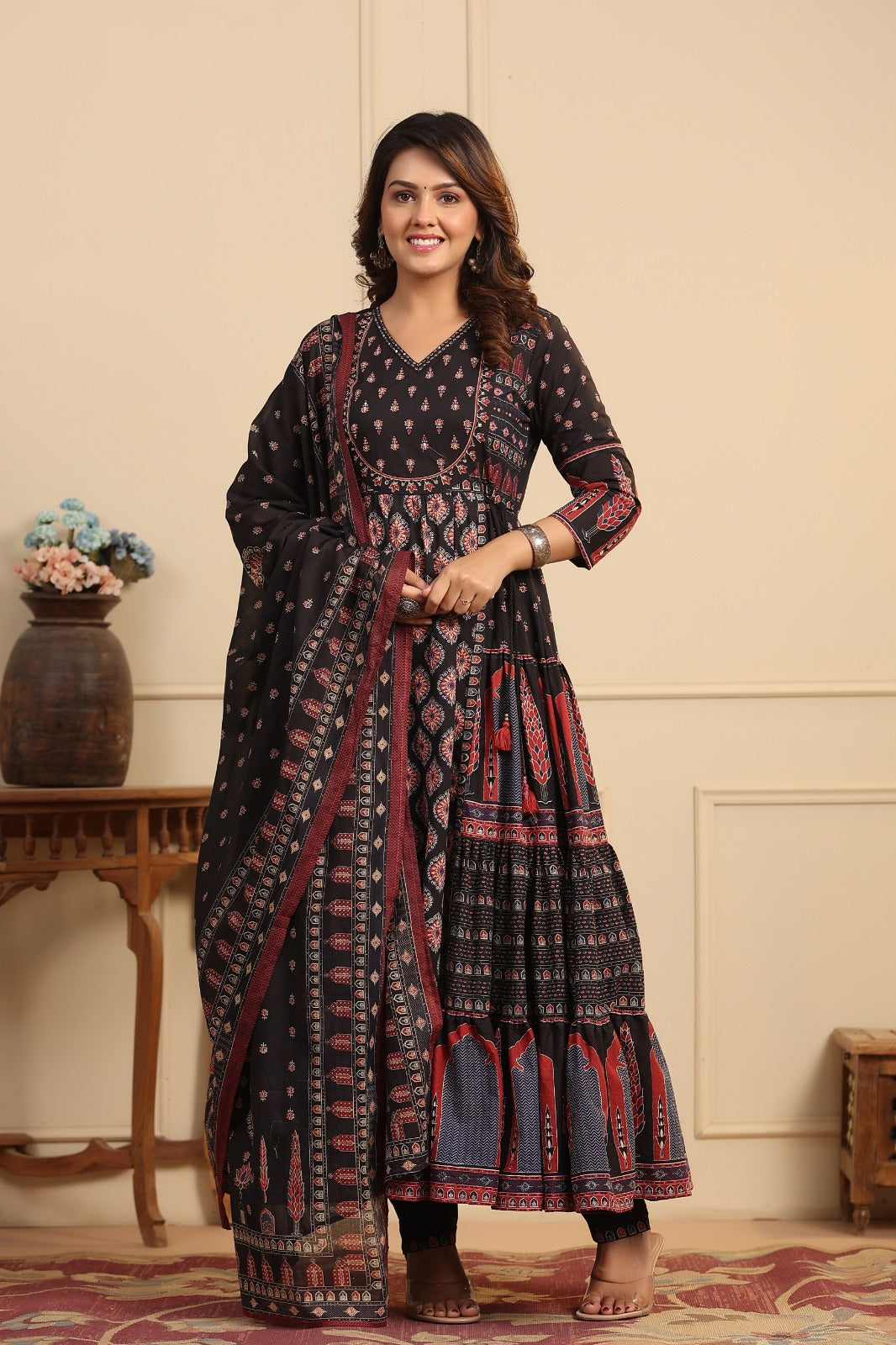 Black Printed Pure Cotton Ajraka Print 3 Pc Suit