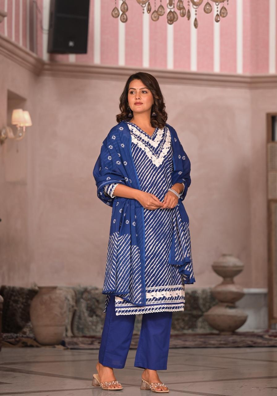 Blue Cotton Leheriya Suit Set With Thread Workkurta Sets